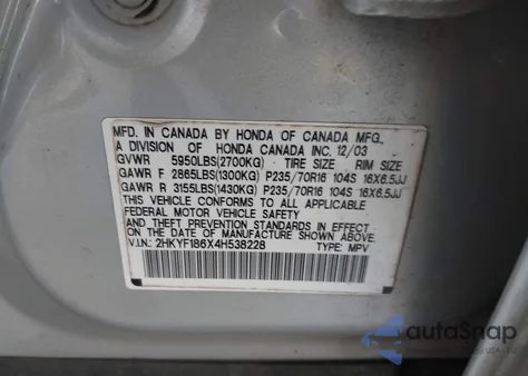 2004 Honda Pilot Ex-L из США, поврежденный, VIN 2HKYF186X4H538228